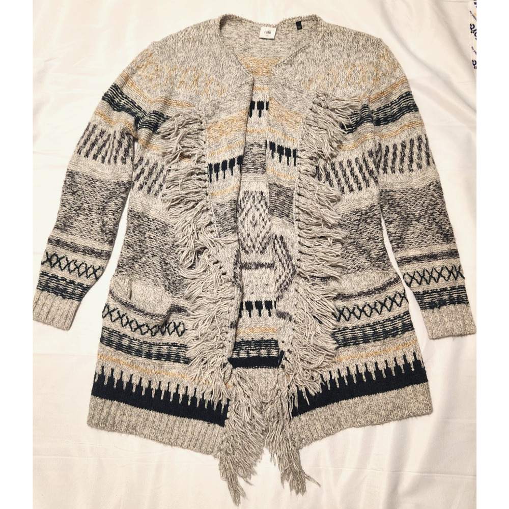 CABI Shetland Gray Green Geometric Fringe Hem Open Knit Cardigan Size Small